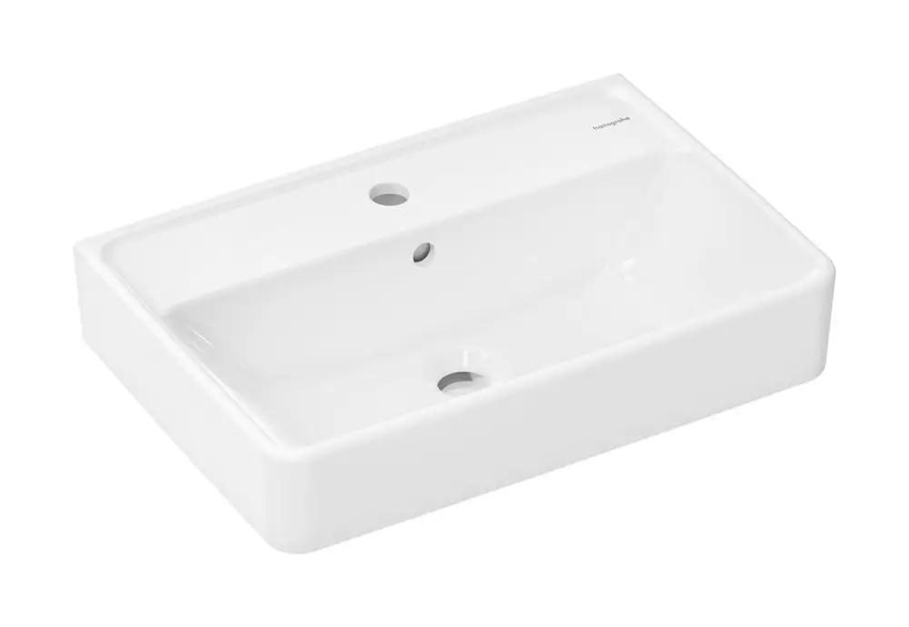Weißer Waschtisch von Hansgrohe mit gefrästem Becken, Hahnloch und Überlauf. Rechteckige Form, einfaches Design, geeignet für Badezimmer.